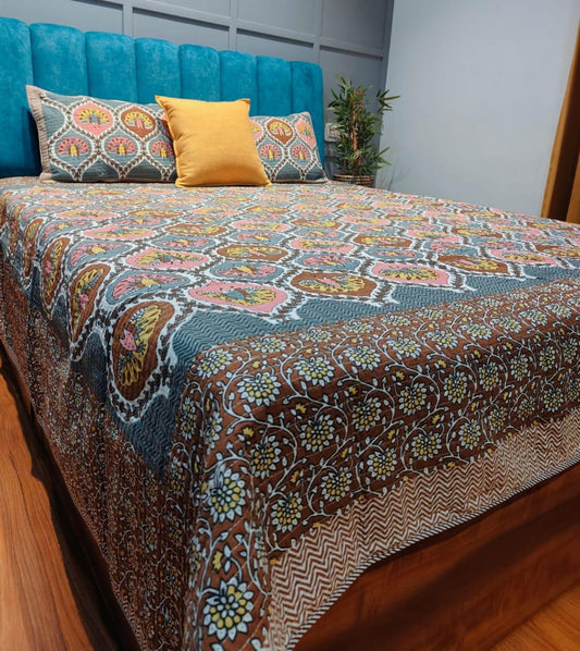 Hand Block Printed Quilted Double Bed Cover Set – Peacock Motif