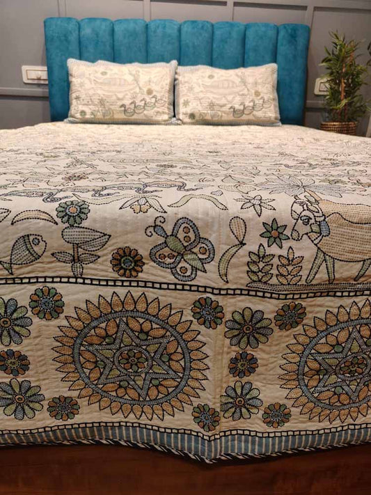 Kantha Print Quilted Double Bed Cover Set – Village & Boat Theme