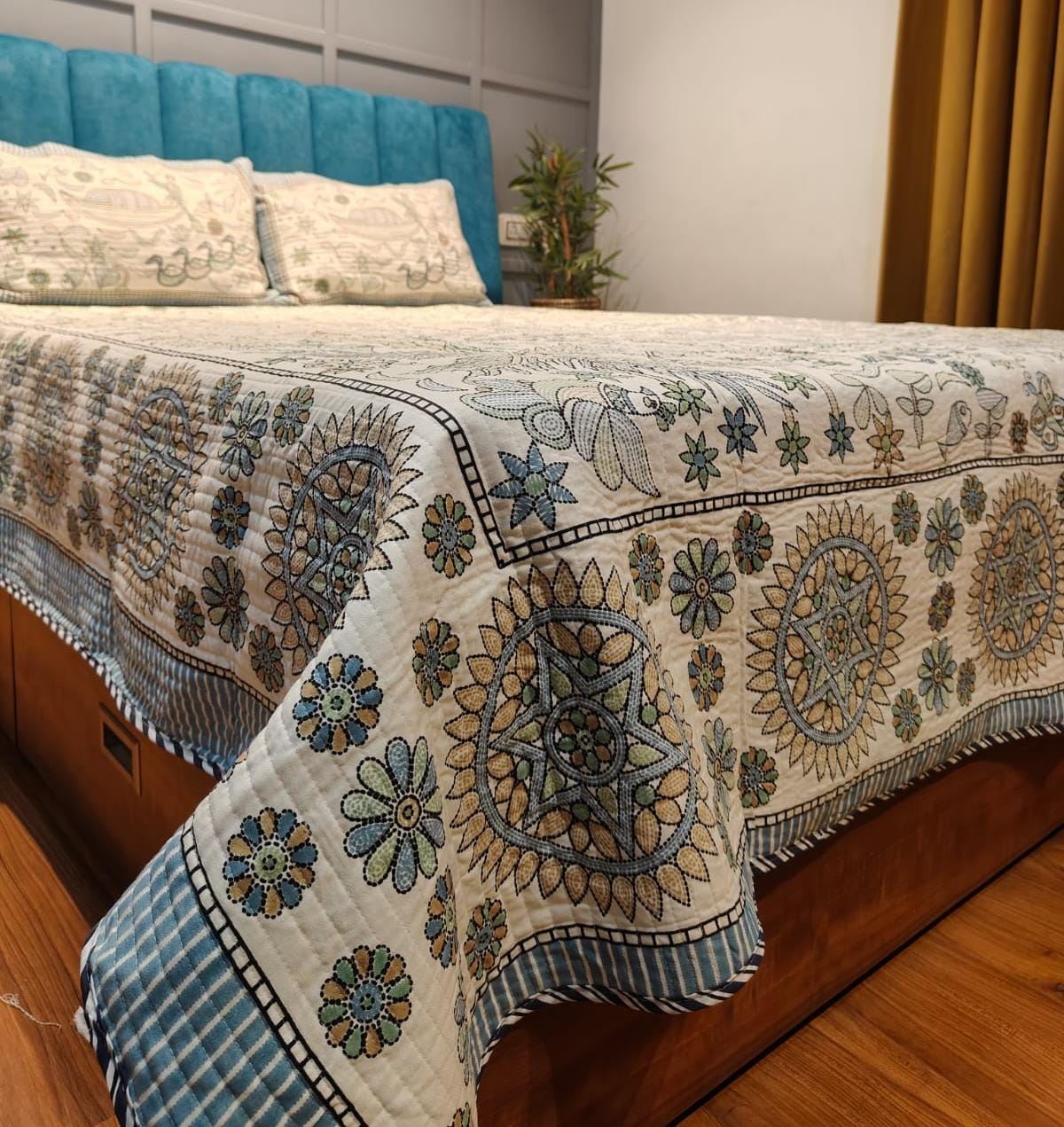 Kantha Print Quilted Double Bed Cover Set – Village & Boat Theme