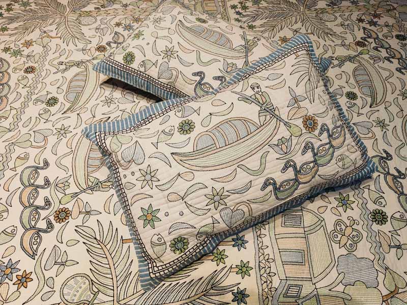 Kantha Print Quilted Double Bed Cover Set – Village & Boat Theme