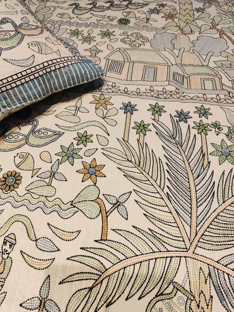 Kantha Print Quilted Double Bed Cover Set – Village & Boat Theme