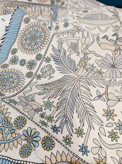 Kantha Print Quilted Double Bed Cover Set – Village & Boat Theme