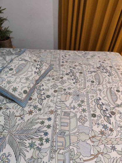 Kantha Print Quilted Double Bed Cover Set – Village & Boat Theme