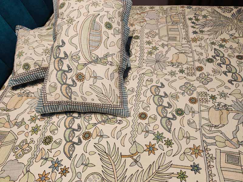 Kantha Print Quilted Double Bed Cover Set – Village & Boat Theme