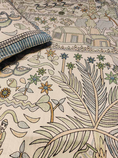 Kantha Print Quilted Double Bed Cover Set – Village & Boat Theme