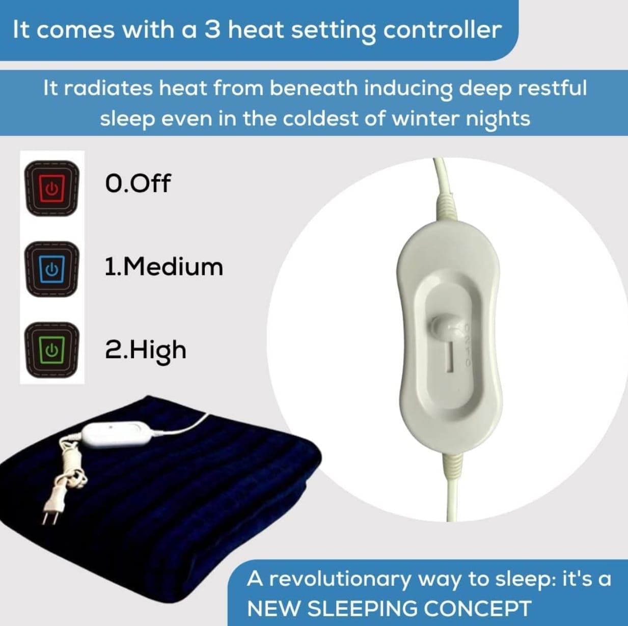 Single Electric Blanket Ideal for Heavy Winter ( Wool) - Manual 3-Level Heat Control (Off–Medium–High)
