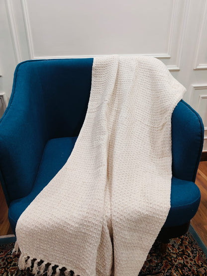 Off White Knitted Cotton Throw with Tassels – 50" x 60"