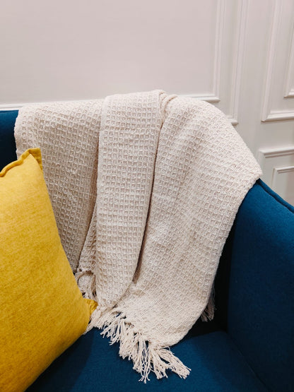 Off White Knitted Cotton Throw with Tassels – 50" x 60"