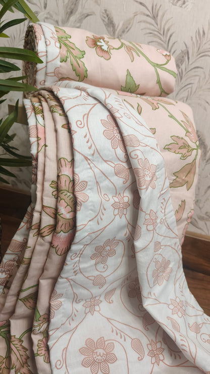 Gulnaar Peach Reversible Dohar – Warm Peach & Soft White floral