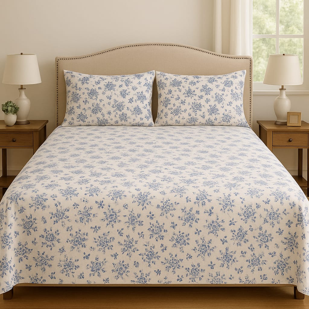 Midnight Meadow – Indigo Blue Floral Cotton Bedsheet Set (King Size)